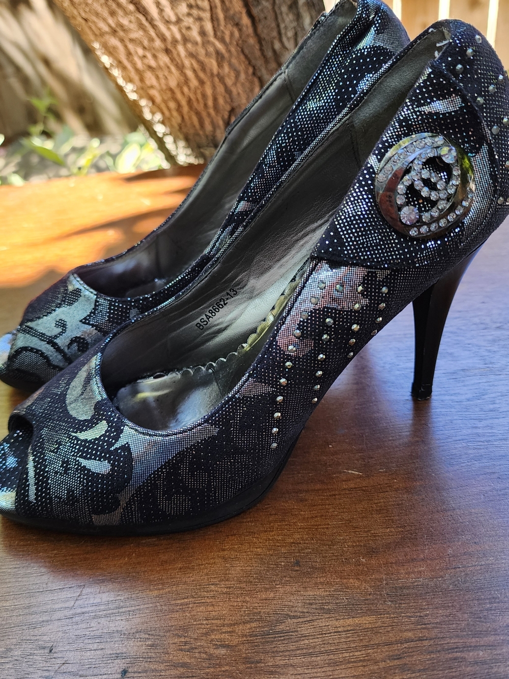 Wood Stone Black Lace Embellished Peep Toe High Heels 41 / 10 - 10.5